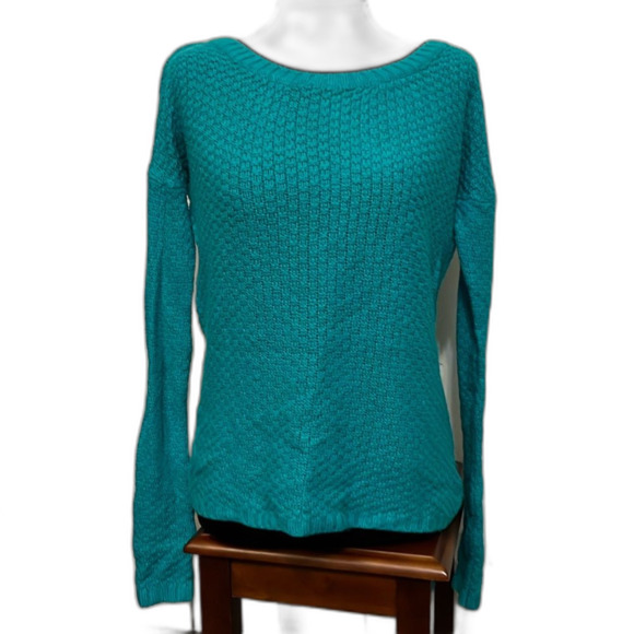 Soft Acrylic Turquoise Vintage Scoop Neck Pullover Preppy Woven Sweater - Picture 1 of 6